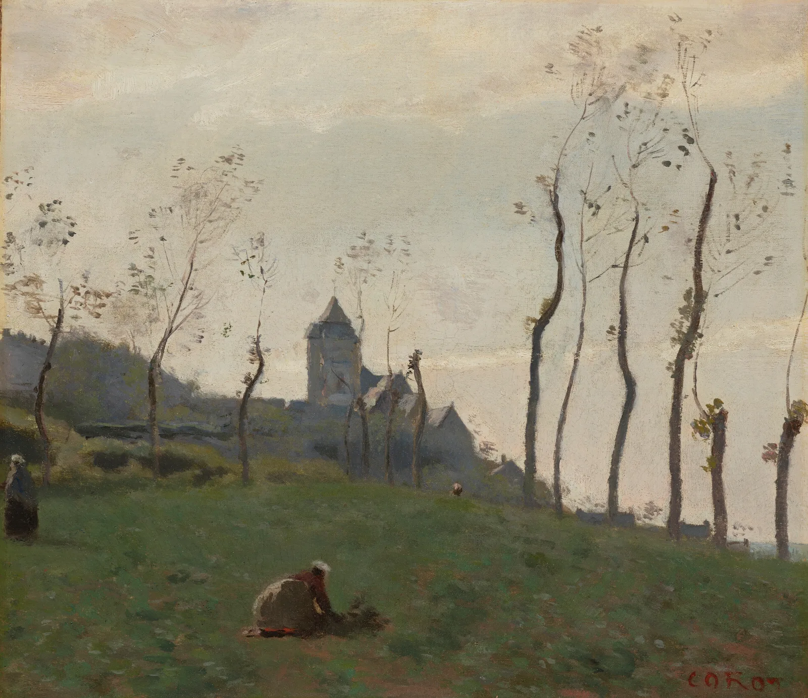 Le Treport Un Pre Et Leglise Wall Art by Jean-Baptiste-Camille Corot - Canvas Print
