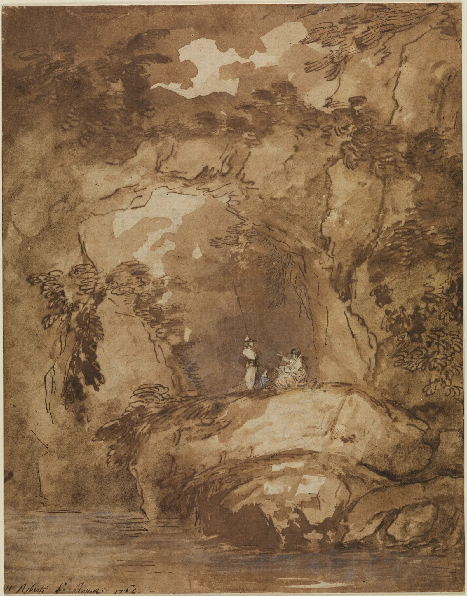Felshang Mit Grotte Und Soldaten Uber Einem Gewasser Wall Art by Hubert Robert - Canvas Print