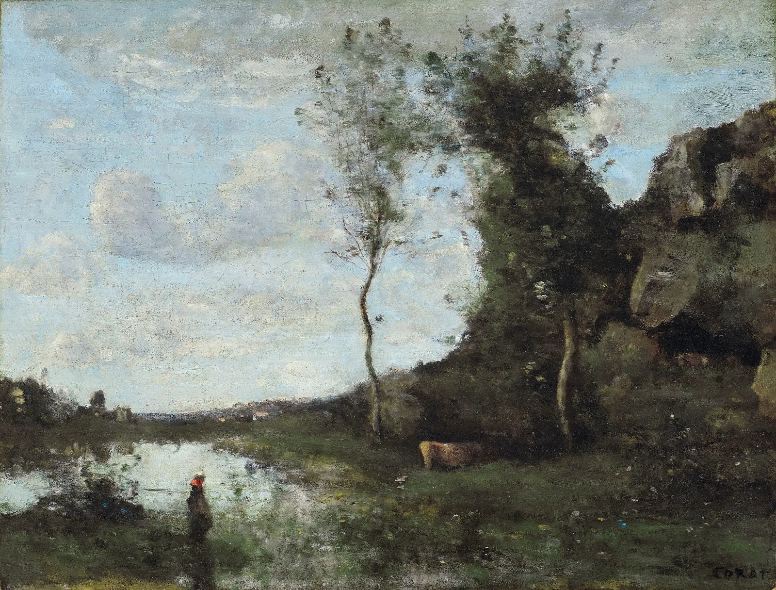 Une Paysanne Et Sa Vache A La Mare En Vue Dun Village Wall Art by Jean-Baptiste-Camille Corot - Canvas Print