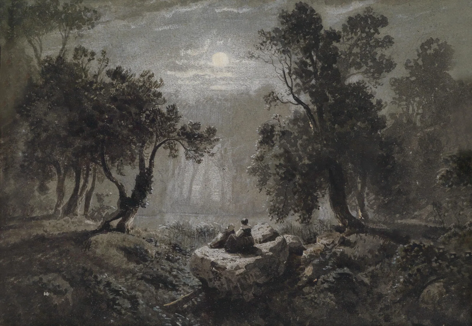 Eine Romantische Waldlandschaft Im Mondlicht Wall Art by Oswald Achenbach - Canvas Print