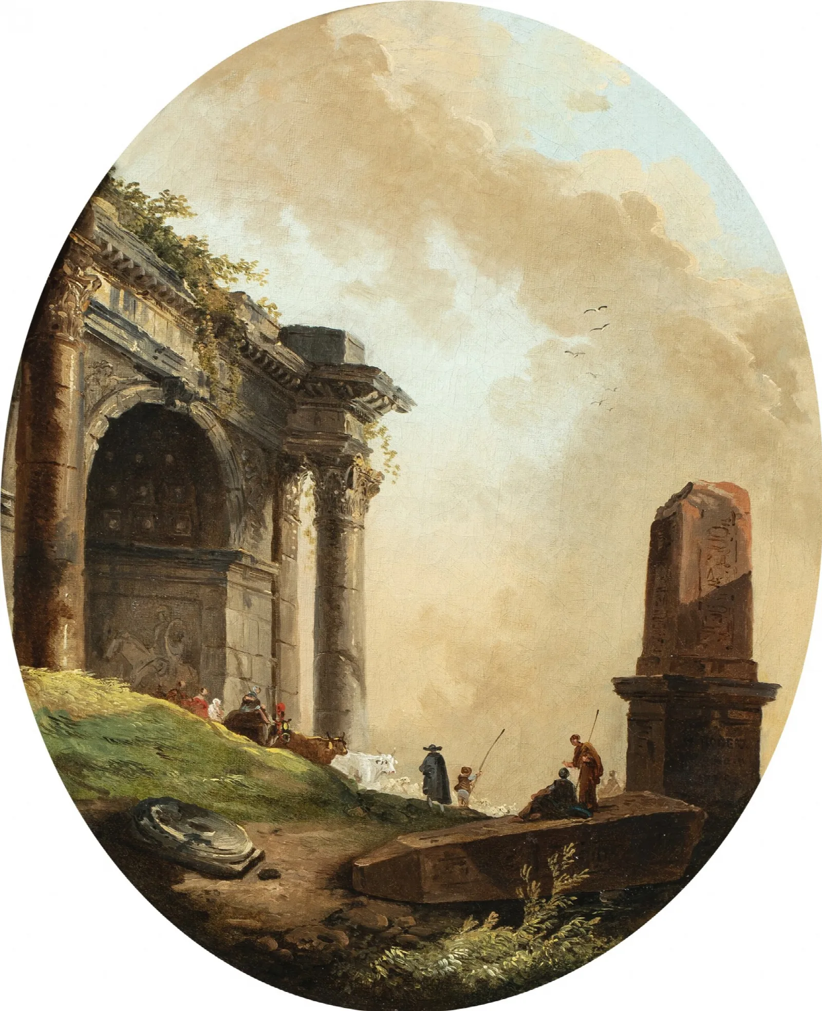Drovers And Their Livestock Before A Ruined Arch And Obelisk Wall Art by Hubert Robert - Canvas Print