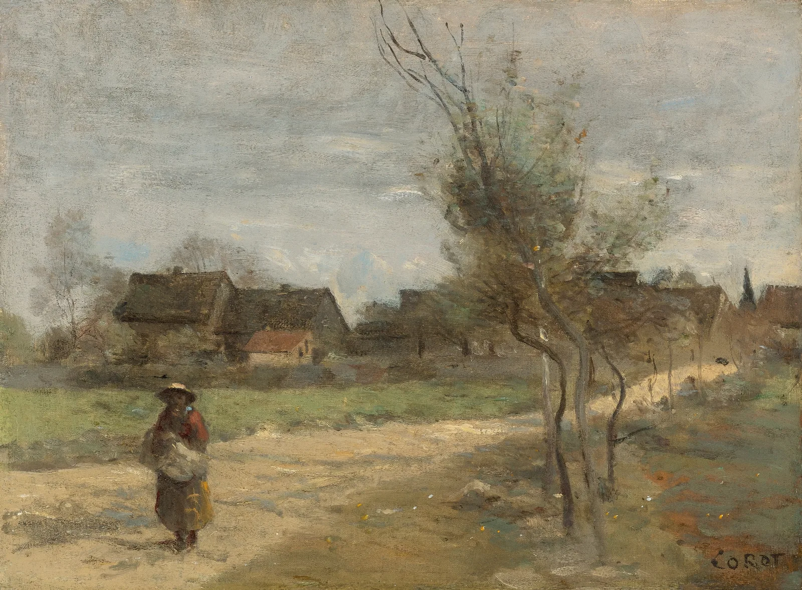 Paysanne Sur Une Route En Vue Dun Village Wall Art by Jean-Baptiste-Camille Corot - Canvas Print