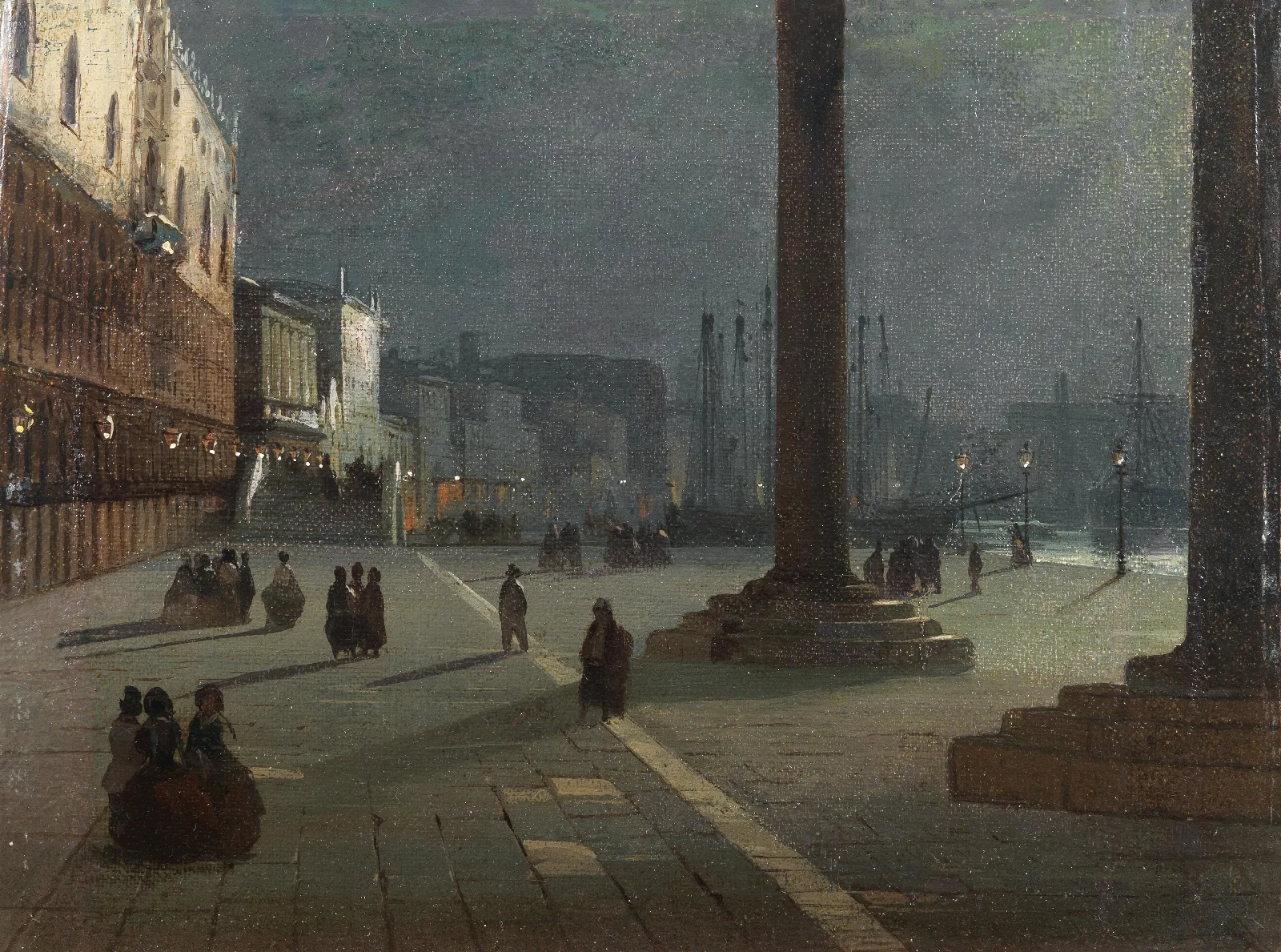 Venice A View Of The Molo Di San Marco With The Riva Degli Schiavoni In The Moonlight Wall Art by Ippolito Caffi - Canvas Print