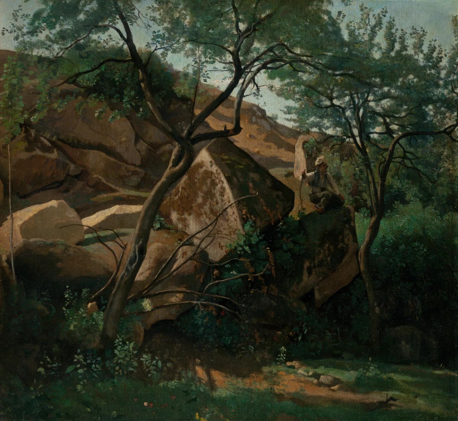 Young Shepherd Among The Rocks Forest Of Fontainebleau Wall Art by Jean-Baptiste-Camille Corot - Canvas Print