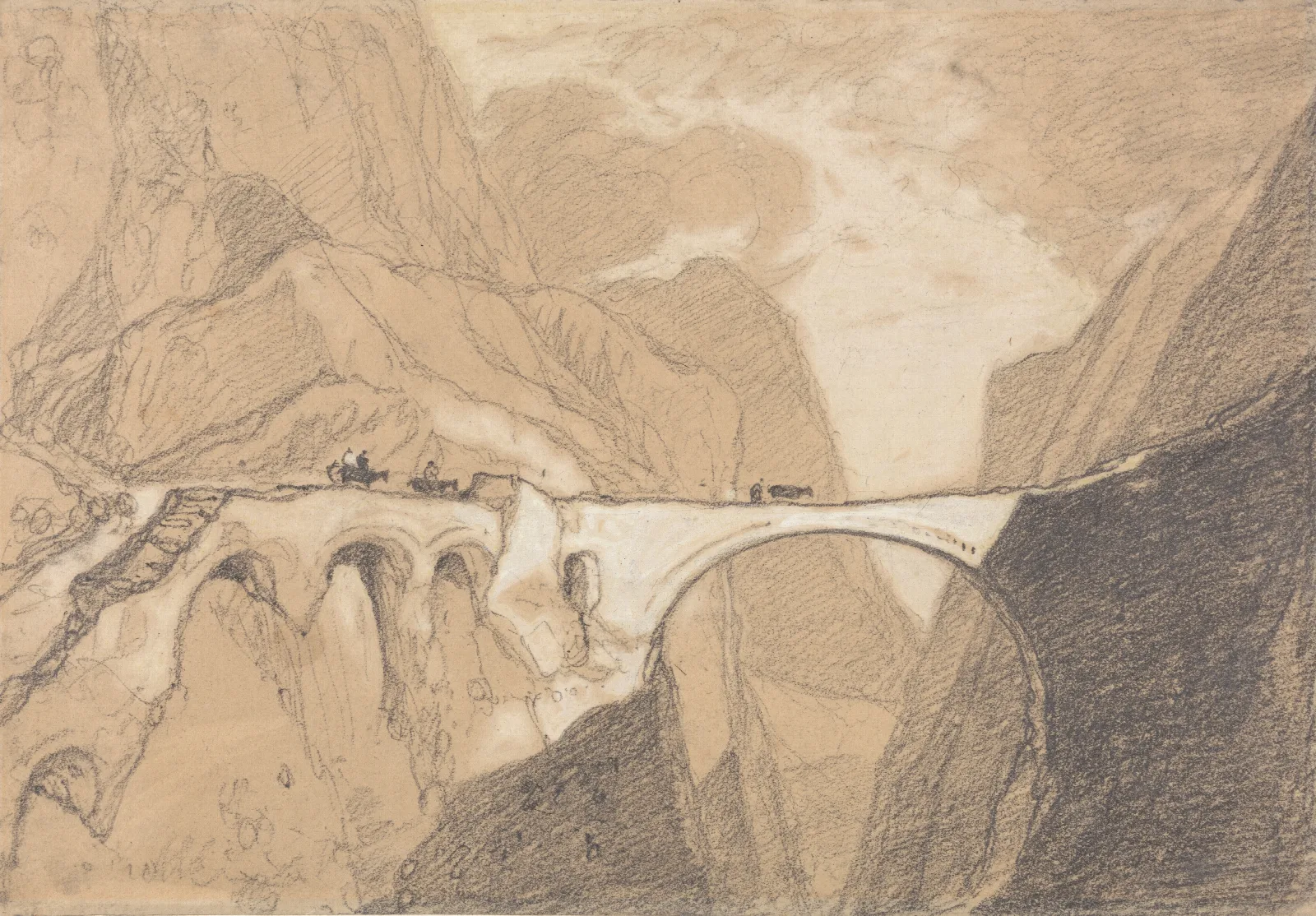 Travellers Crossing A Bridge Over An Alpine Gorge Wall Art by John Sell Cotman - Canvas Print