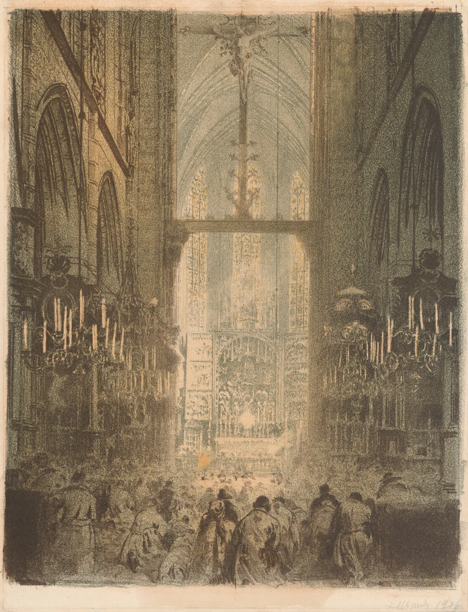 Church Interior With The Veit Stoss Altarpiece During A Service Wall Art by Leon Wyczółkowski - Canvas Print