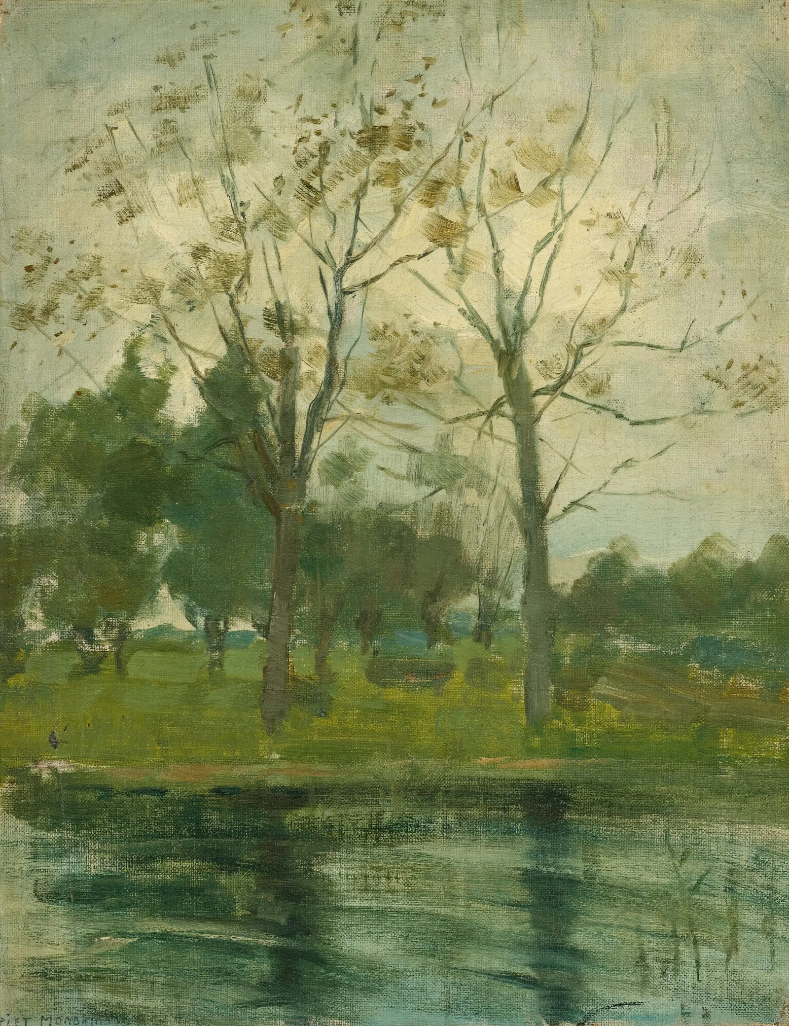 Two Trees Silhouetted Behind A Water Course Wall Art by Piet Mondrian - Canvas Print