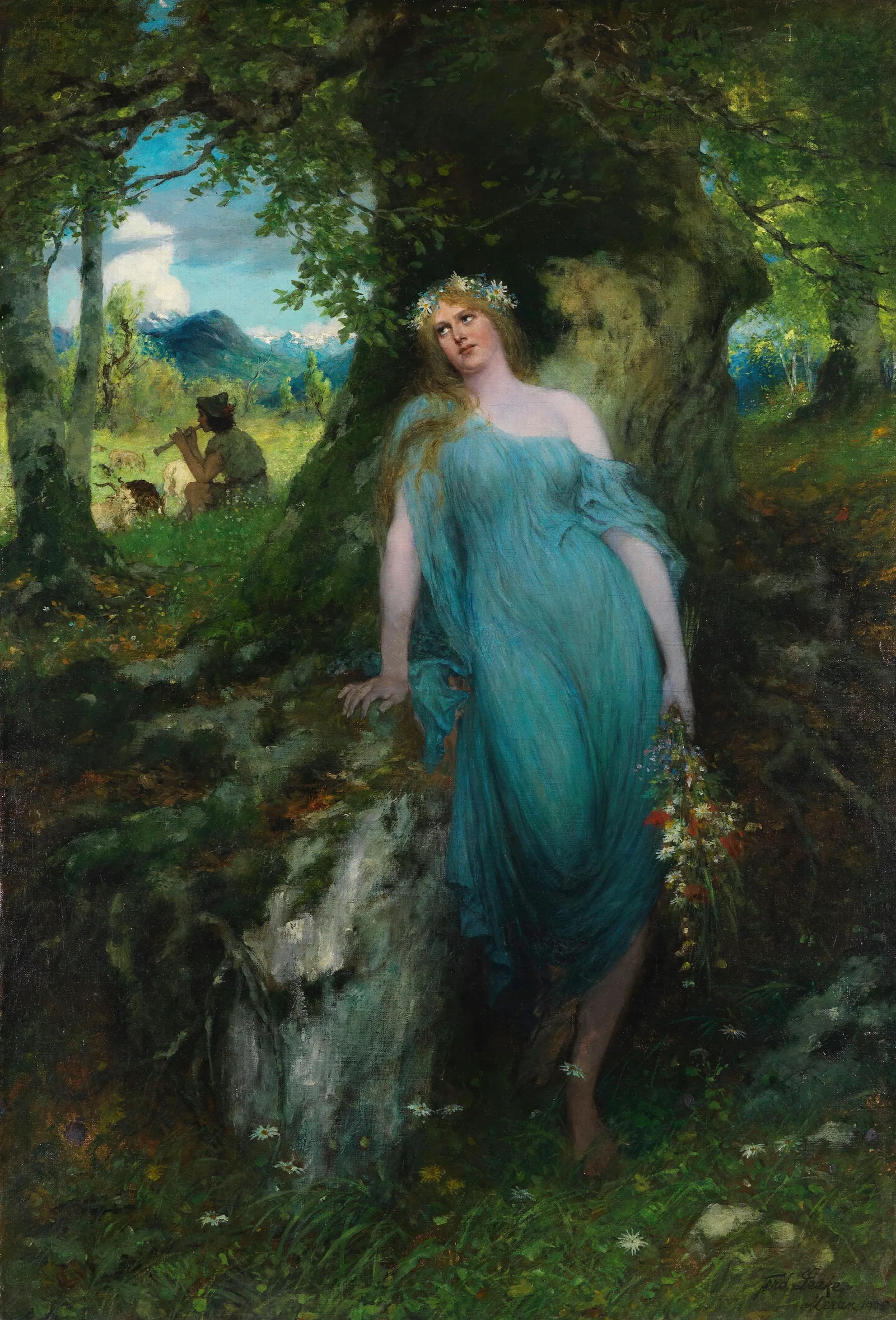 Wood Nymph And Shepherd Wall Art by Ferdinand Leeke - Canvas Print