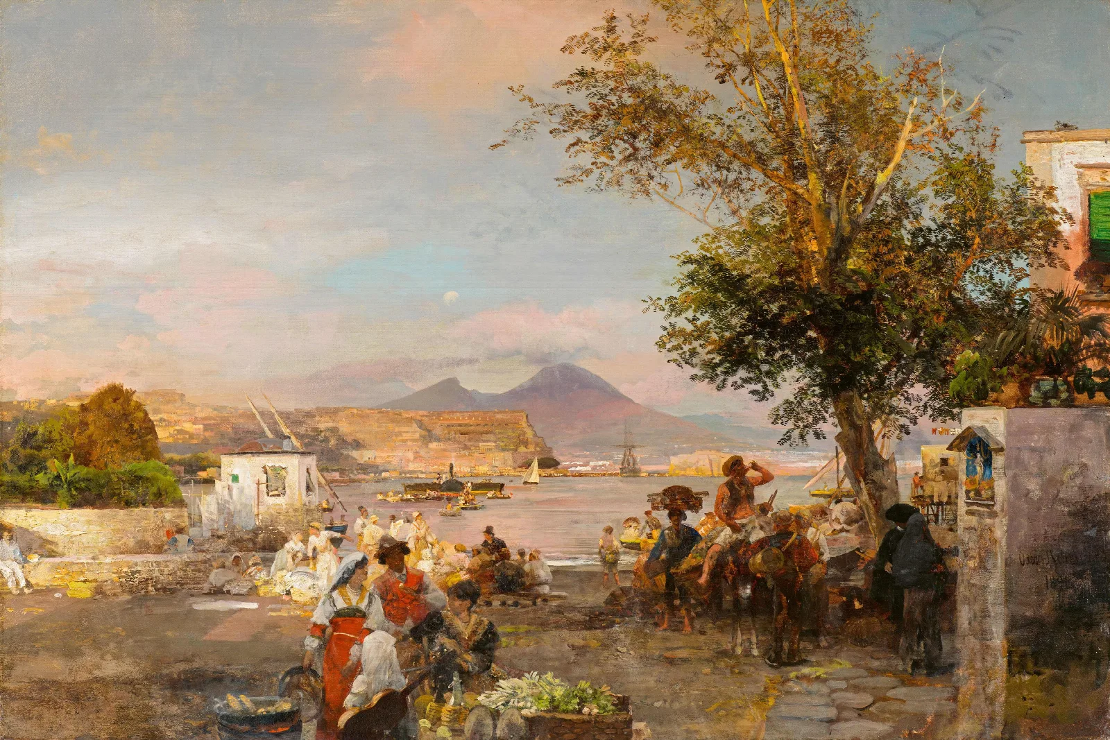 Landliches Fest Am Ufer Der Bucht Von Neapel Wall Art by Oswald Achenbach - Canvas Print