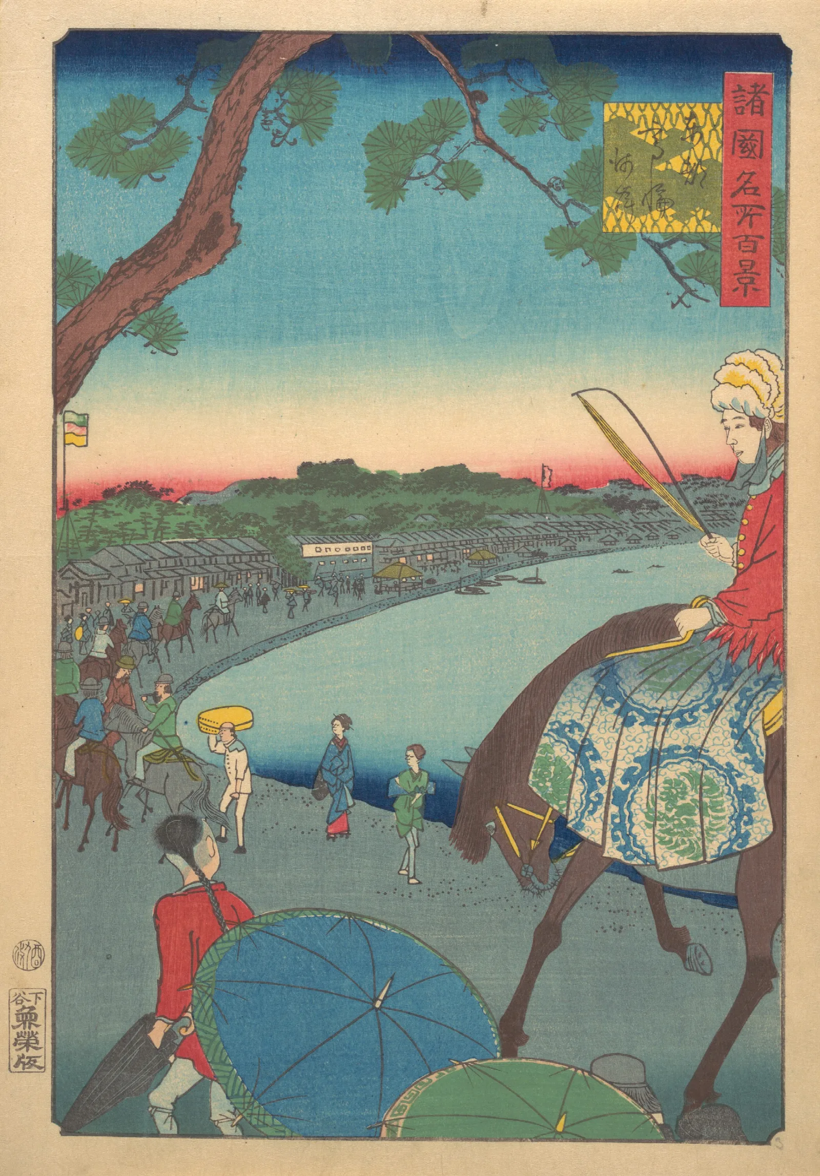 Foreigners Riding Along The Coast At Takanawa In The Eastern Capital Wall Art by Utagawa Hiroshige - Canvas Print