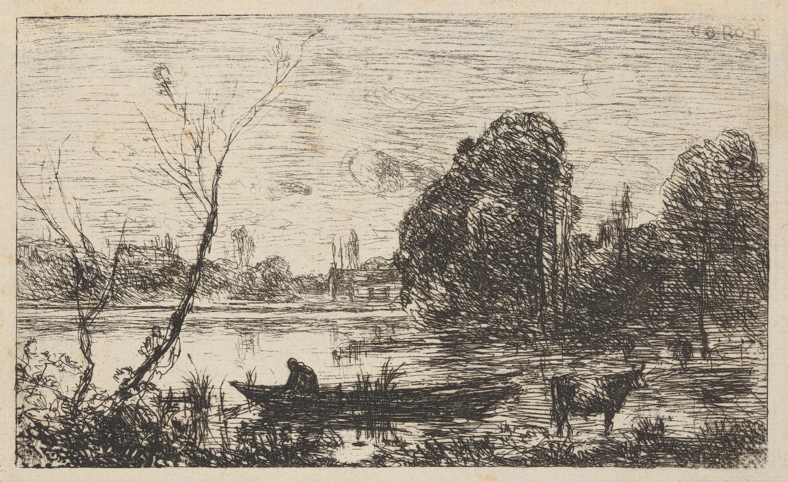 Avray Town Pond With Boatman Effect Of Evening Wall Art by Jean-Baptiste-Camille Corot - Canvas Print