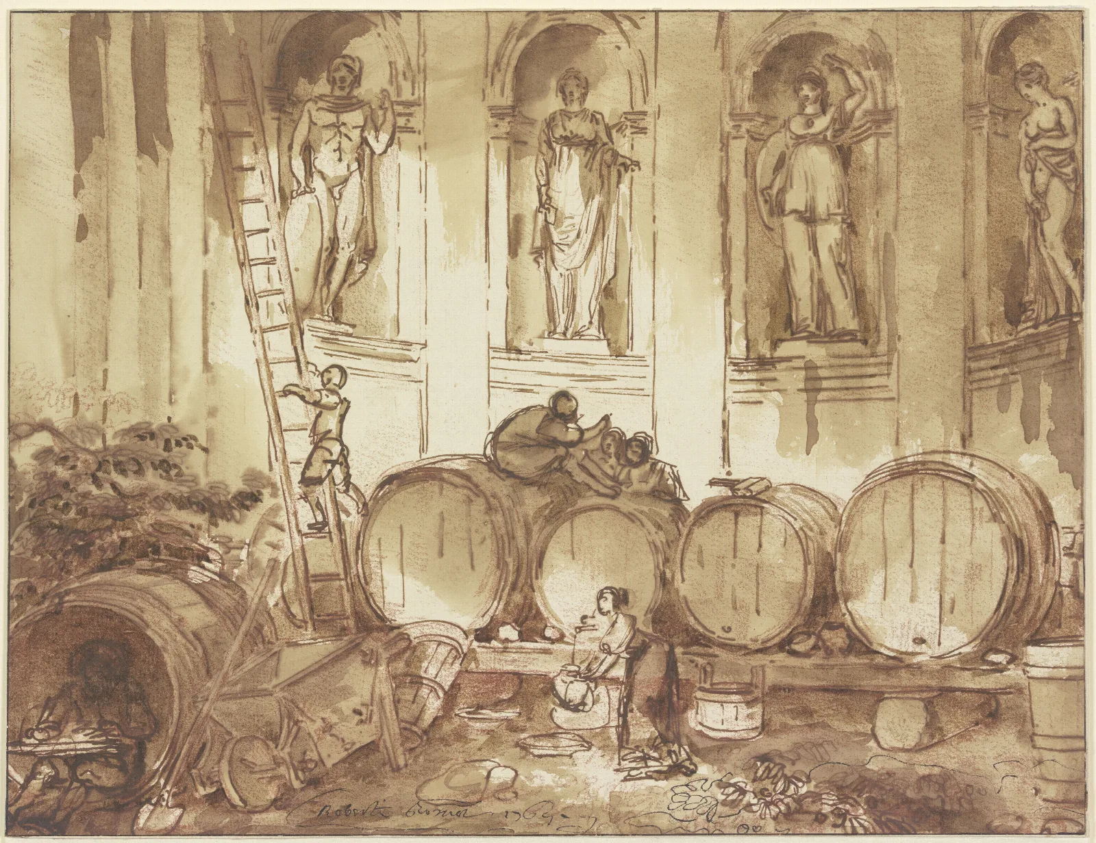 Weinlager In Einer Nischenhalle Mit Vier Statuen Antiker Gottheiten Wall Art by Hubert Robert - Canvas Print