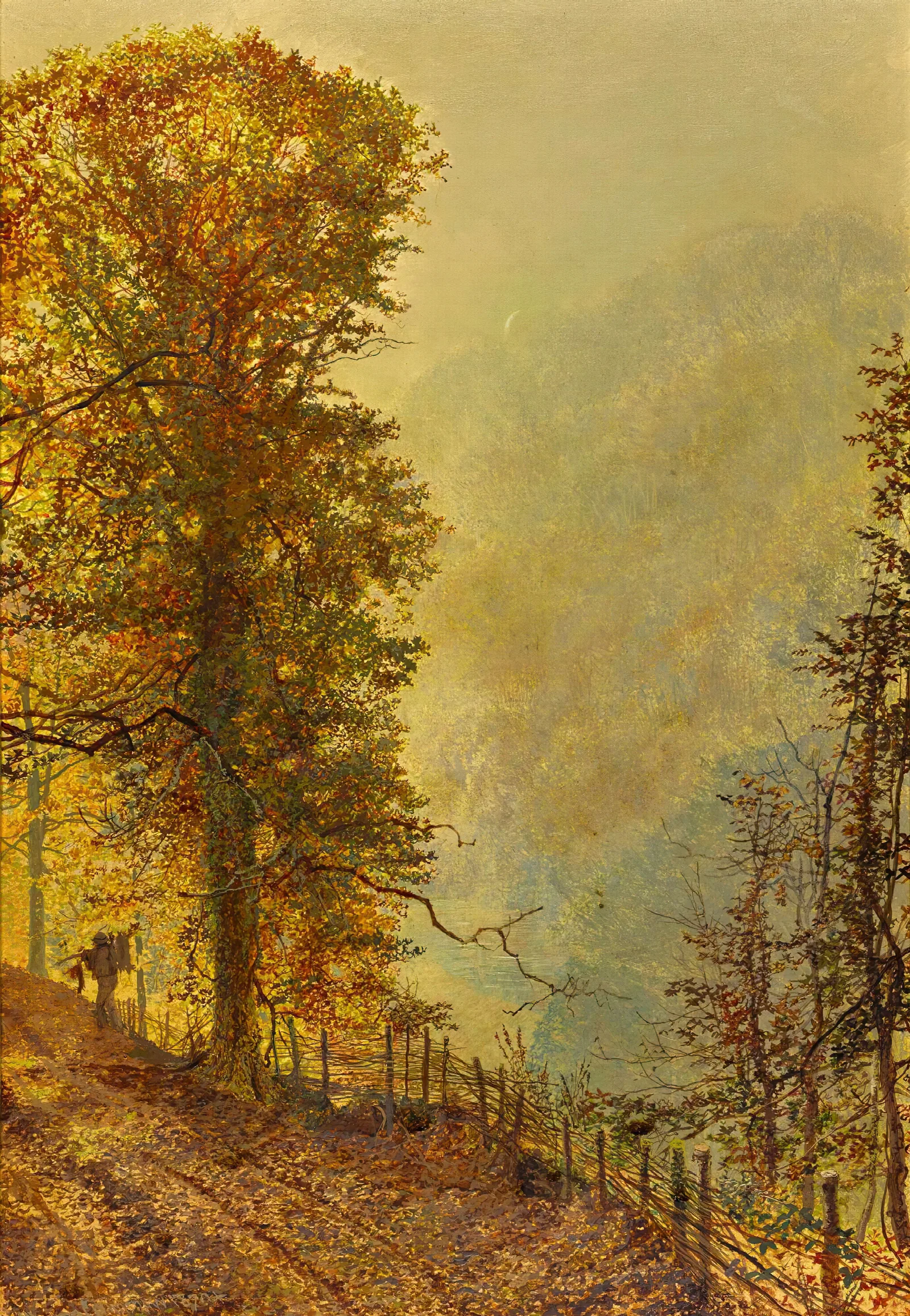 A Rabbit Hunter On A Riverside Road Wall Art by John Atkinson Grimshaw - Canvas Print