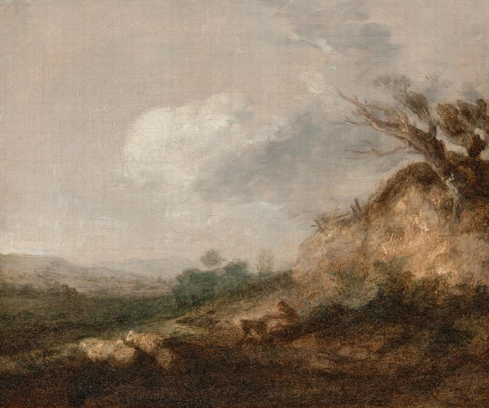 A Shepherd And His Dog In A Landscape His Flock Resting By A Dune In The Foreground Wall Art by Thomas Gainsborough - Canvas Print