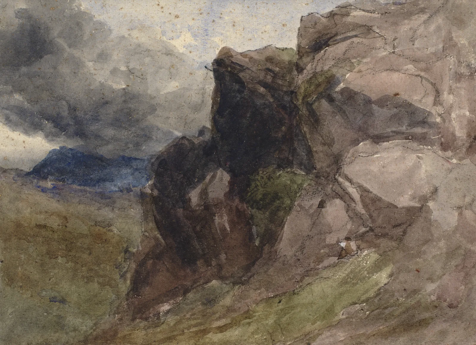 Rocky Landscape In Wales With Figure Drawing In The Foreground To The Right Wall Art by David Cox - Canvas Print