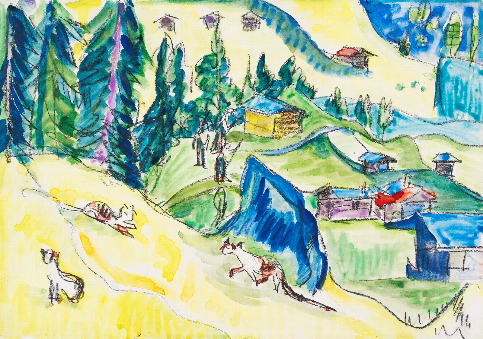 Bergalp Mit Hutten Und Katzen Wall Art by Ernst Ludwig Kirchner - Canvas Print