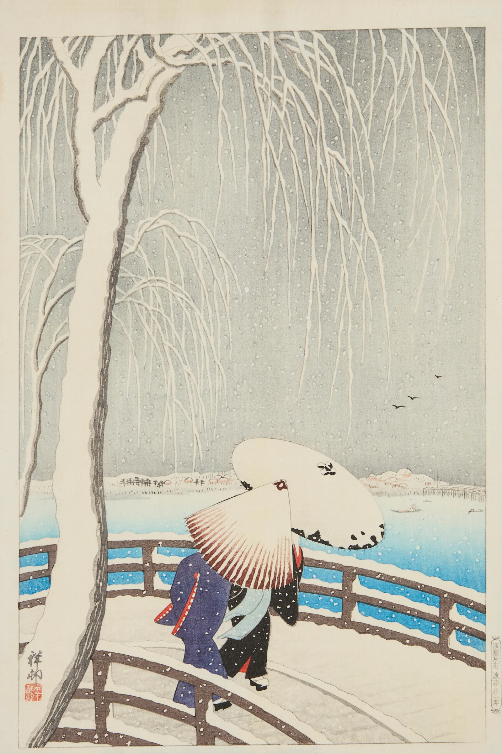 Yanagibashi No Yuki Snow On The Willow Bridge Wall Art by Ohara Koson - Canvas Print