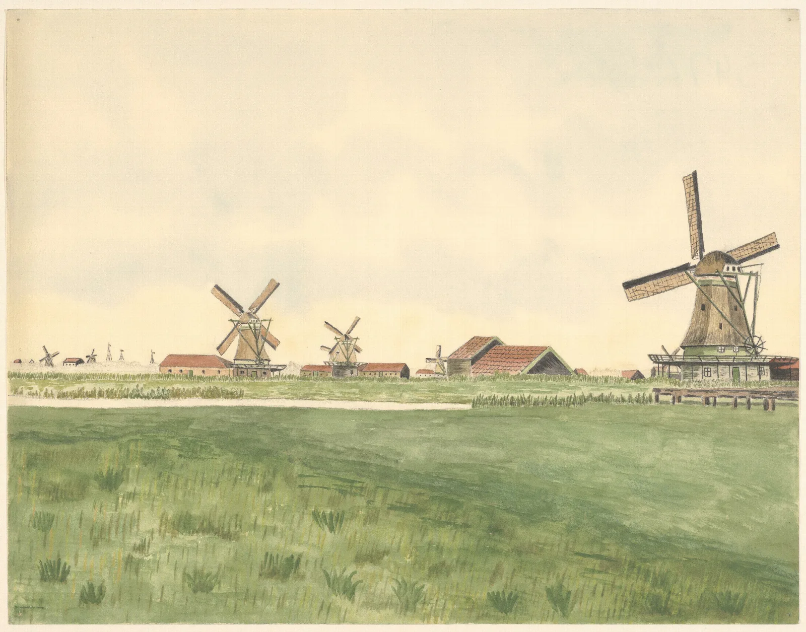 Molens Oliemolen De Prolpot Aan De Kalverringdijk Verbrand 1917 Met Andere Molens Links Op De Ahctergrond Scheepsmasten Wall Art by Johannes Nicolaas Eijman - Canvas Print