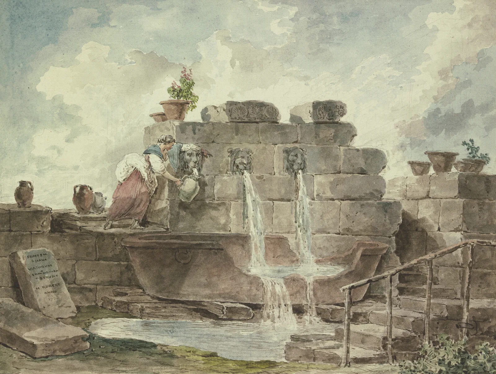 A Roman Fountain With A Woman Collecting Water Wall Art by Hubert Robert - Canvas Print