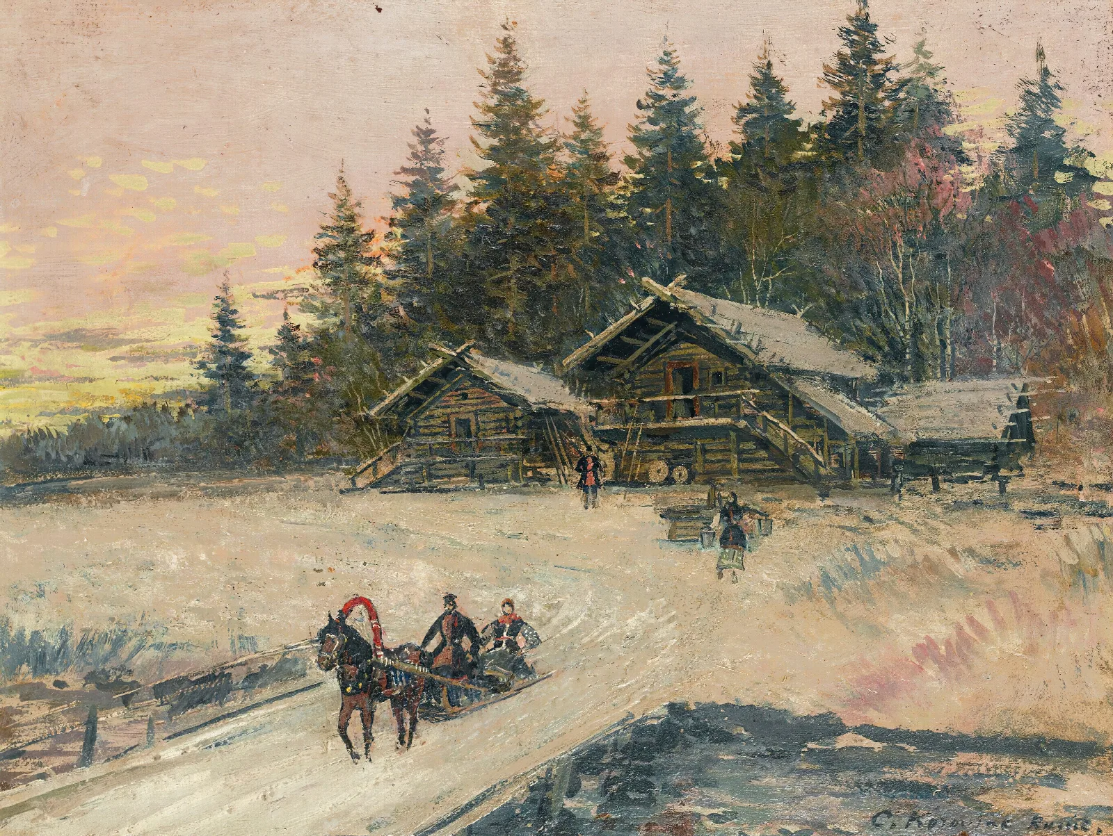 Winter Scene With Troika Wall Art by Konstantin Alexeevich Korovin - Canvas Print