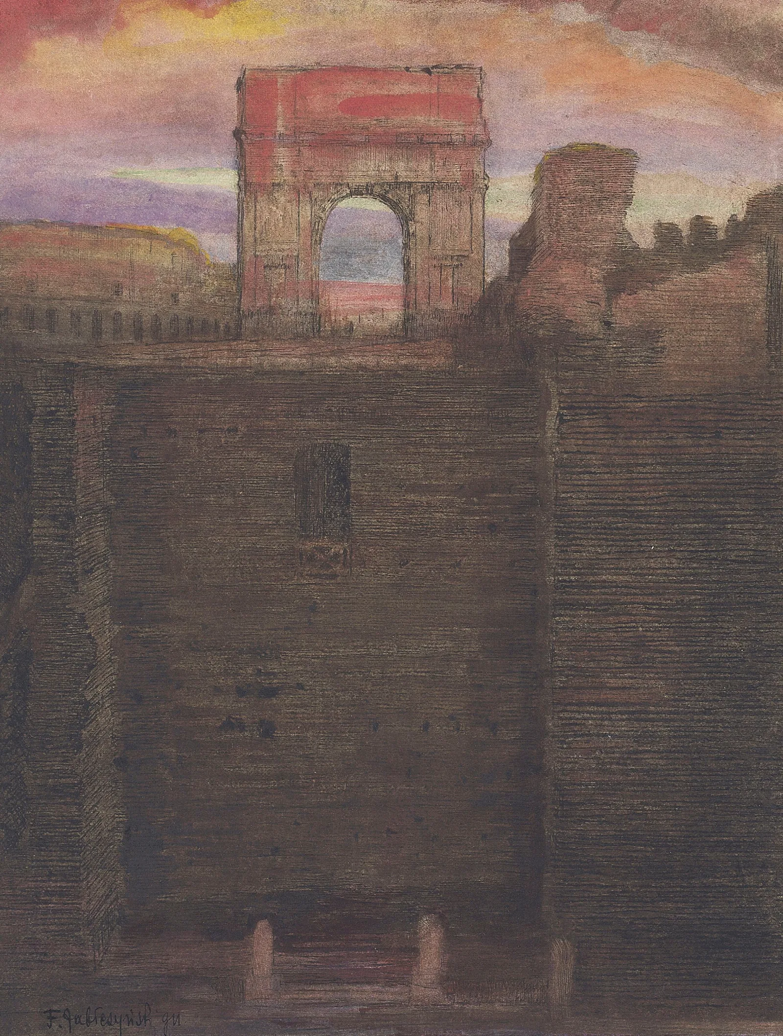 The House Of Vestals And The Arch Of Titus In The Background Wall Art by Feliks Jabłczyński - Canvas Print