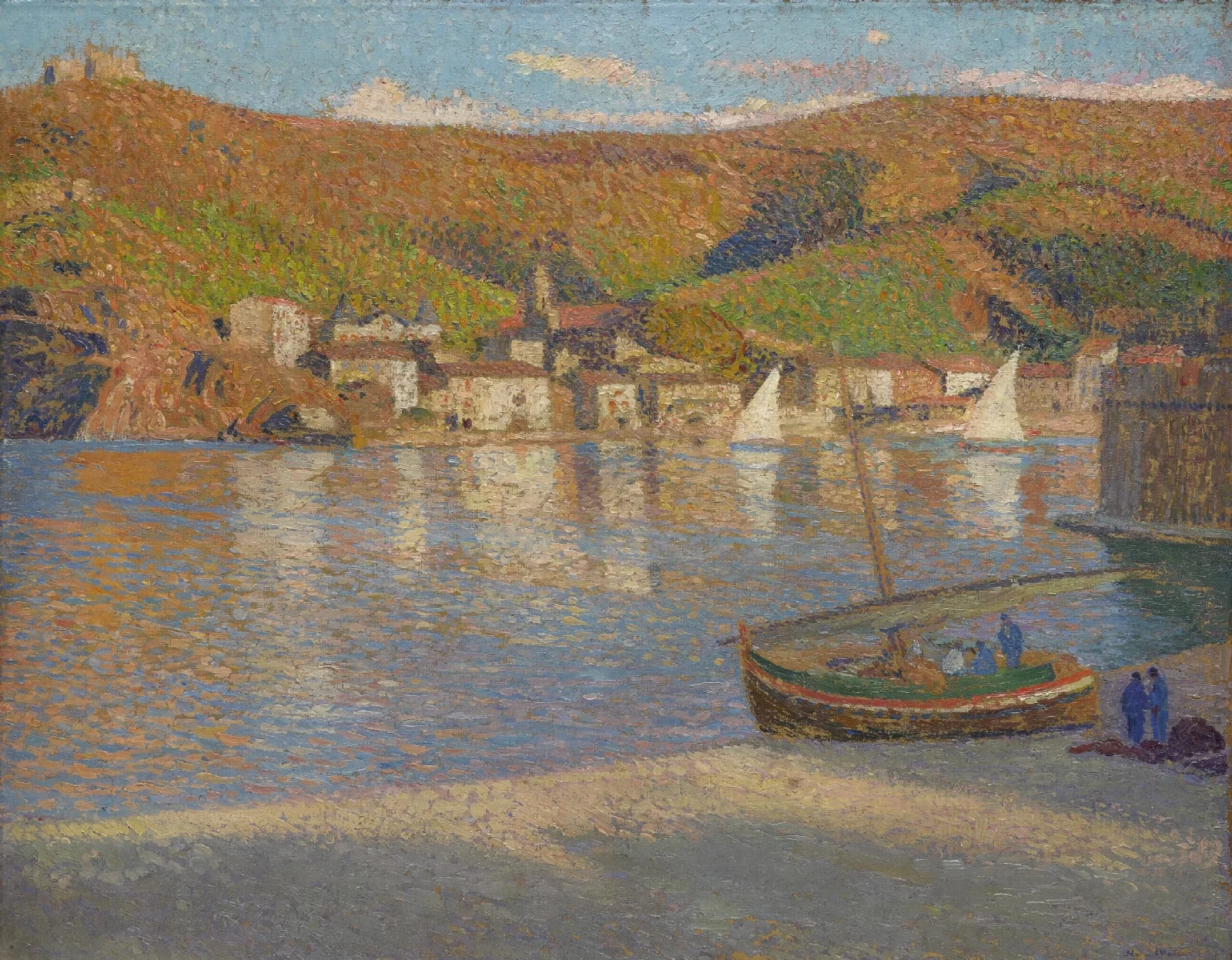 Cinq Pecheurs Et Leur Barque Echouee Sur La Greve A Collioure Wall Art by Henri Martin - Canvas Print