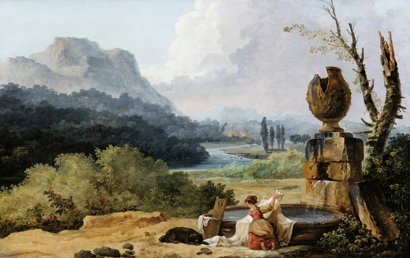 Washerwoman In A Landscape Wall Art by Hubert Robert - Canvas Print