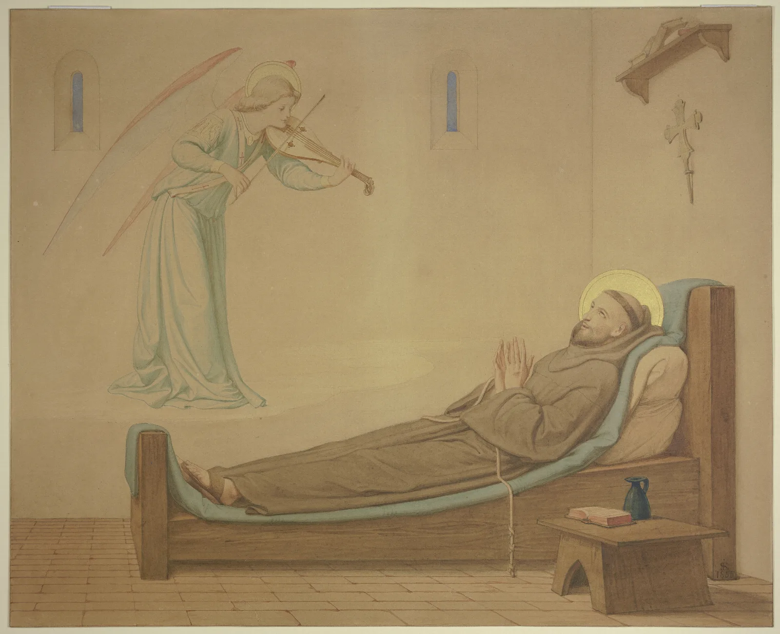 Der Heilige Franziskus In Seiner Zelle Ein Engel Stillt Des Sterbenden Sehnsucht Nach Musik Wall Art by Eduard von Steinle - Canvas Print