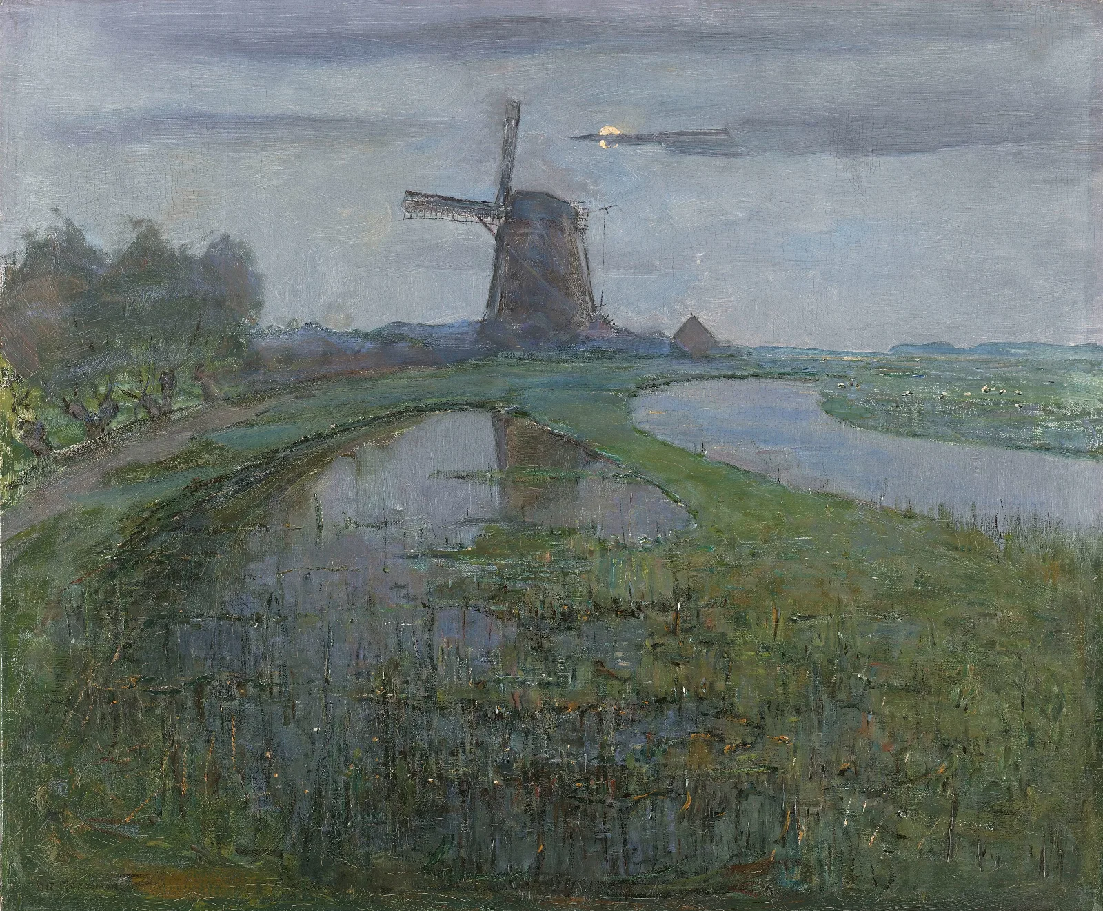 Oostzijdse Mill Along The River Gein By Moonlight Wall Art by Piet Mondrian - Canvas Print