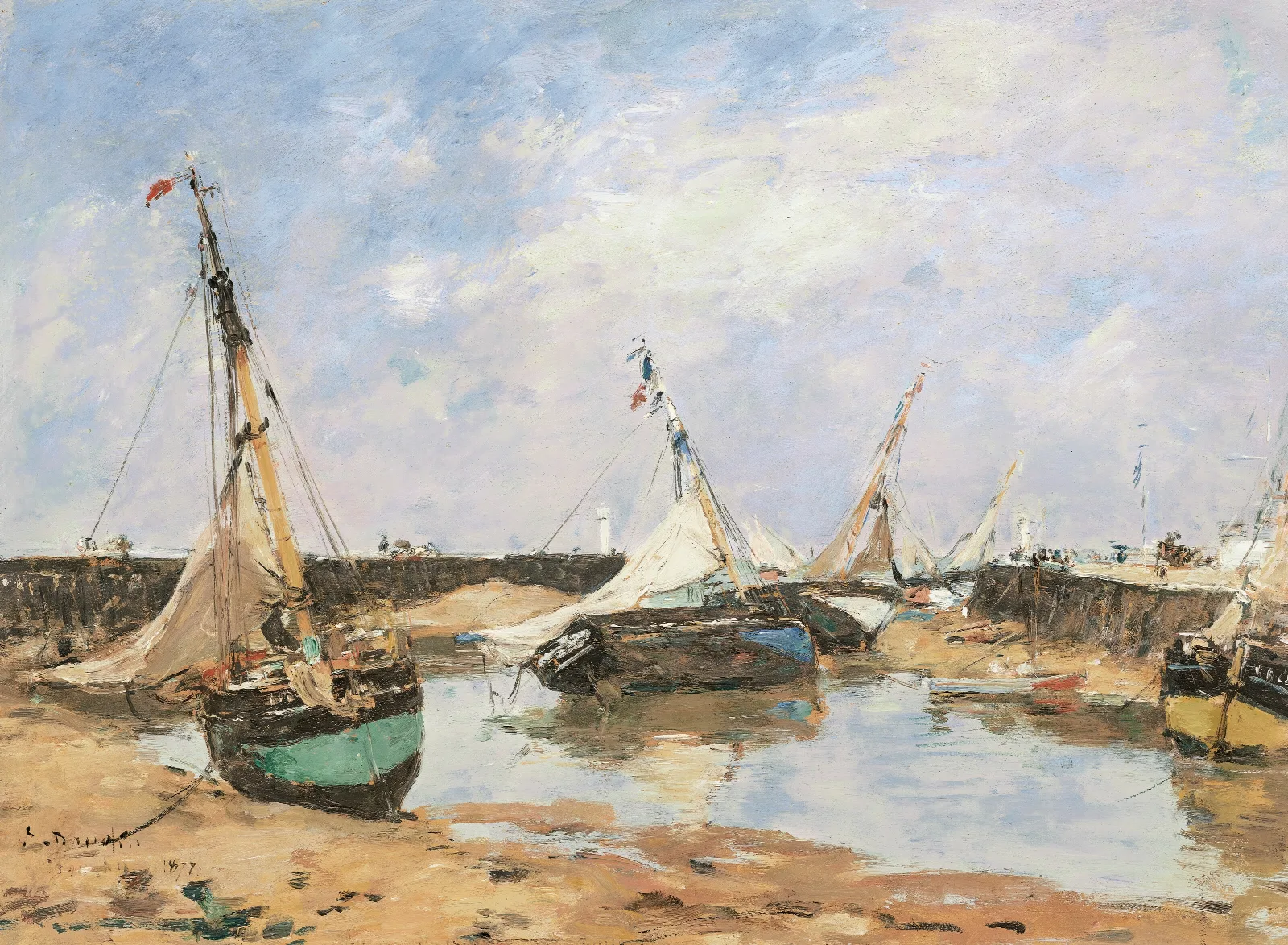 Trouville Barques Echouees Entre Les Jetees Wall Art by Eugène Boudin - Canvas Print
