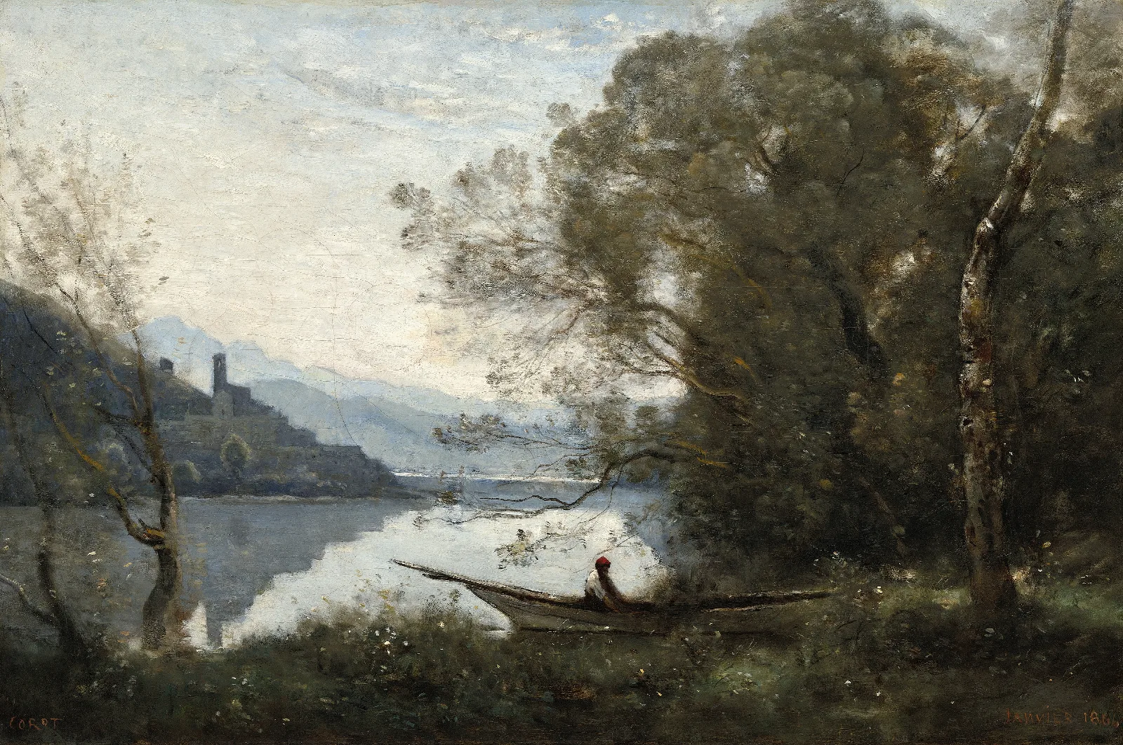 The Moored Boatman Souvenir Of An Italian Lake Wall Art by Jean-Baptiste-Camille Corot - Canvas Print