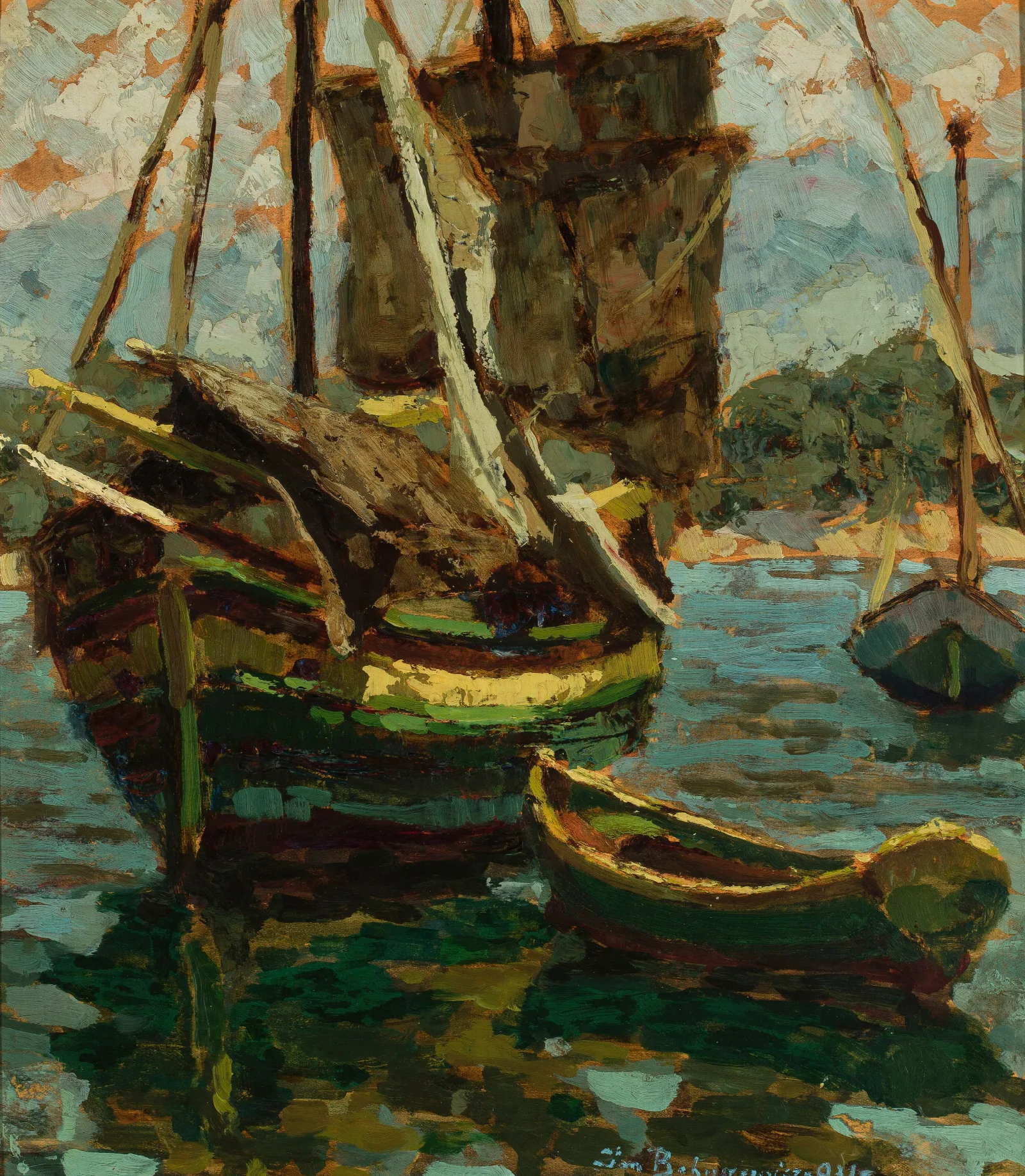 Old Brigantino And Two Boats Wall Art by Jan Bohuszewicz - Canvas Print