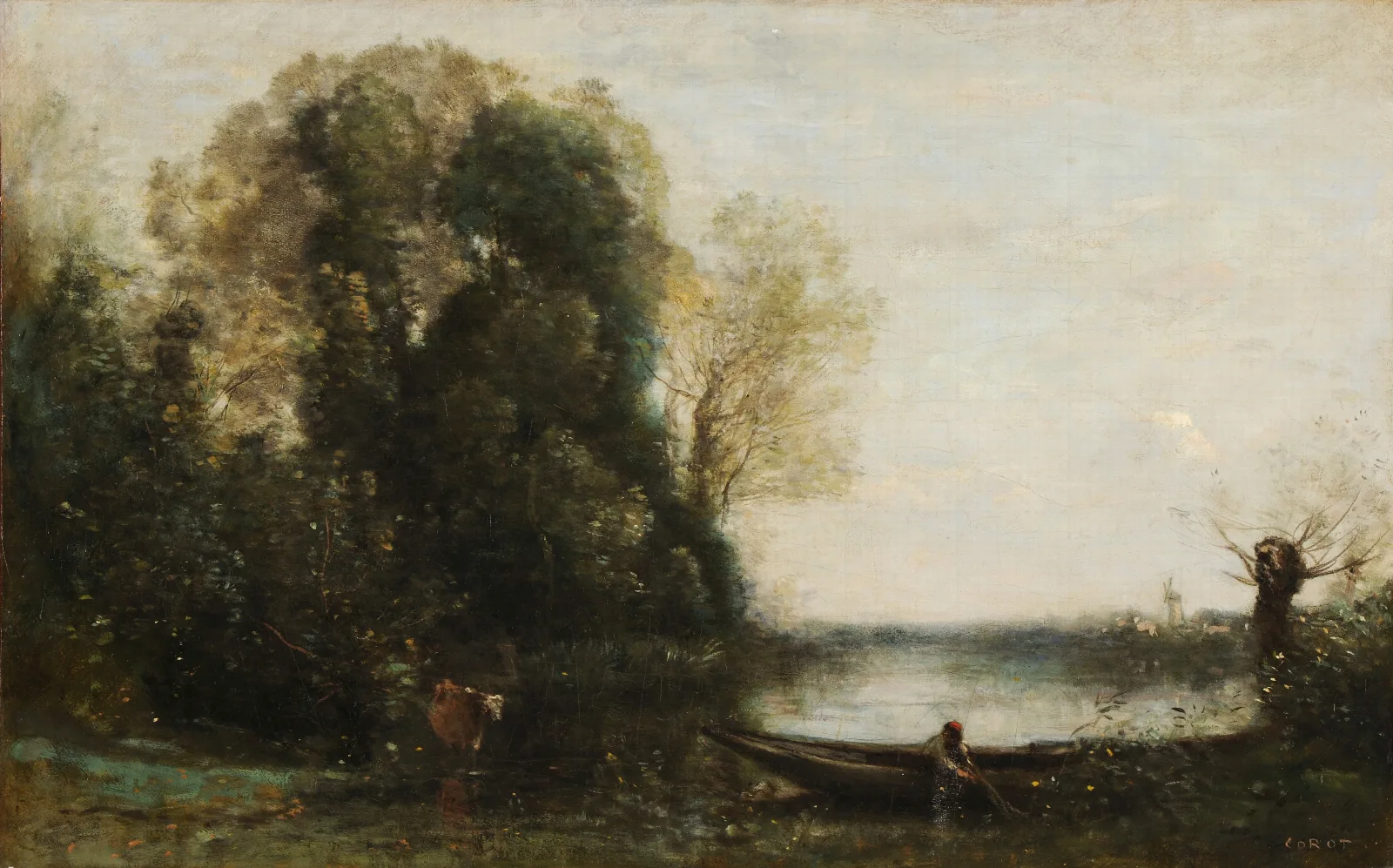 Le Pecheur En Barque A La Rive Wall Art by Jean-Baptiste-Camille Corot - Canvas Print