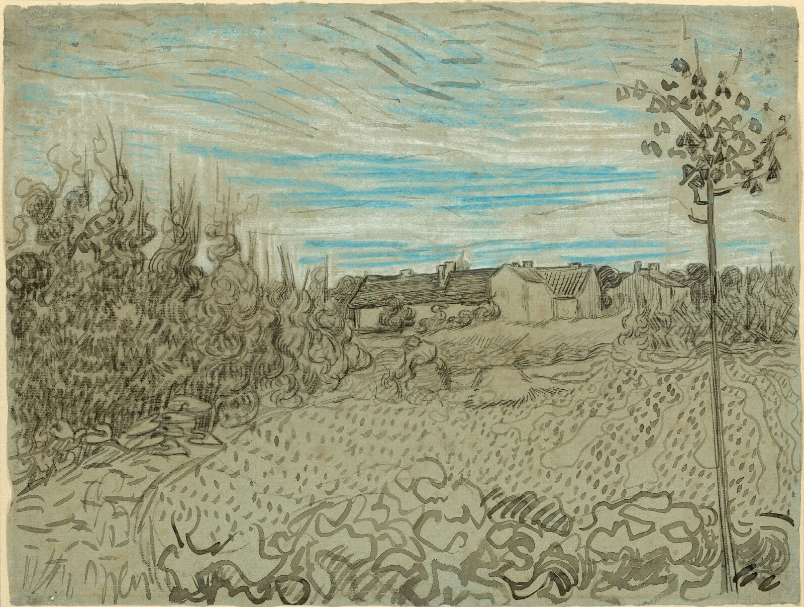 Cottages With A Woman Working In The Middle Ground Wall Art by Vincent van Gogh - Canvas Print