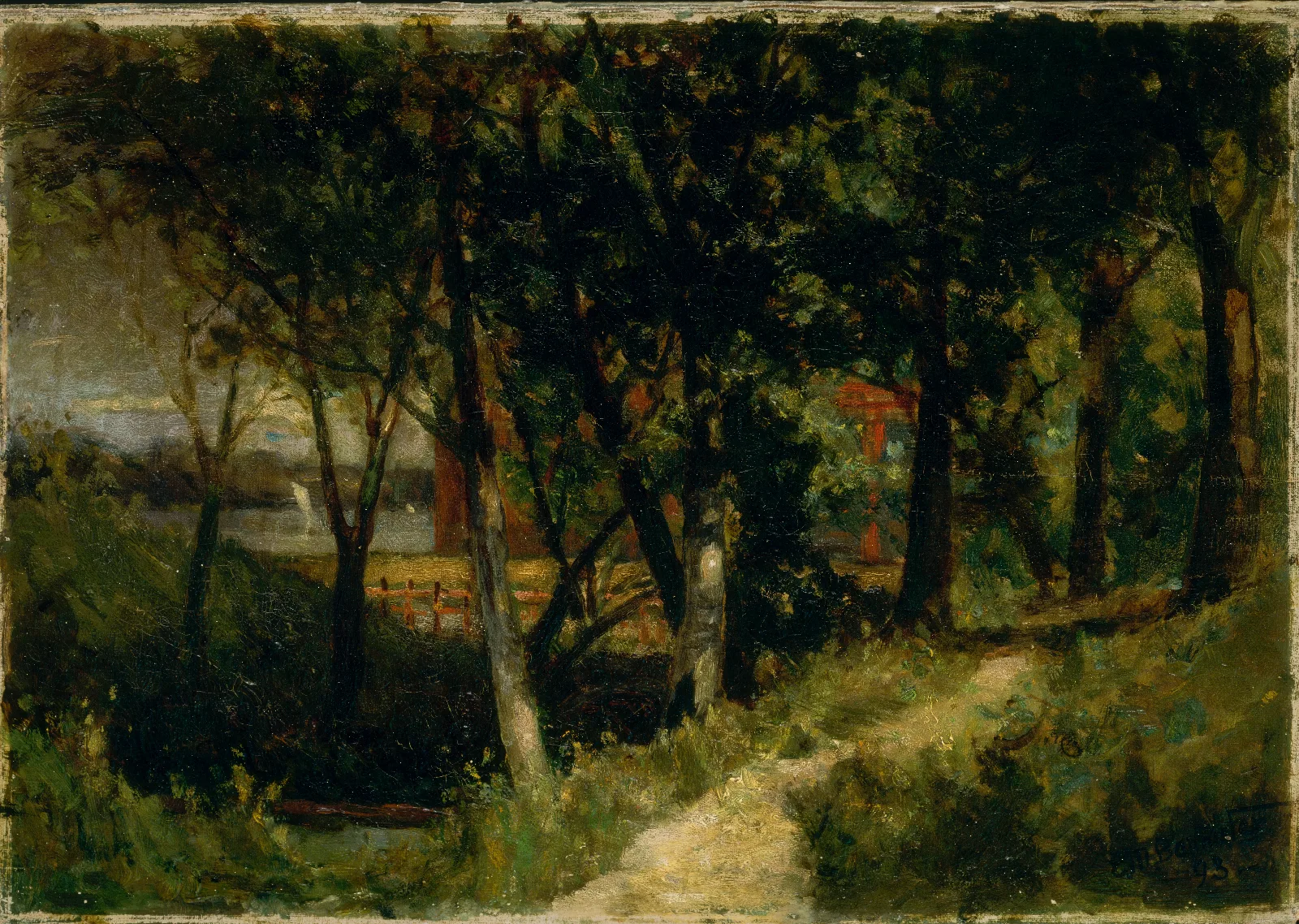 Landscape Landscape Forest Scene With Red Fence And Building by Edward Mitchell Bannister (1893) Wall Art by Edward Mitchell Bannister - Canvas Print