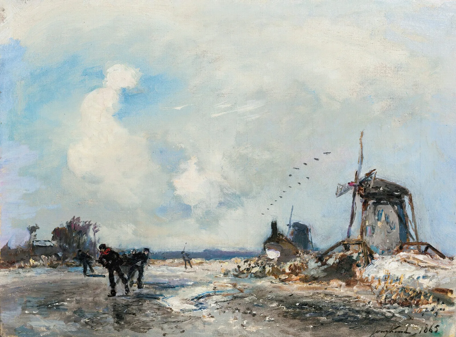 Moulins Et Patineurs En Hollande Wall Art by Johan Barthold Jongkind - Canvas Print
