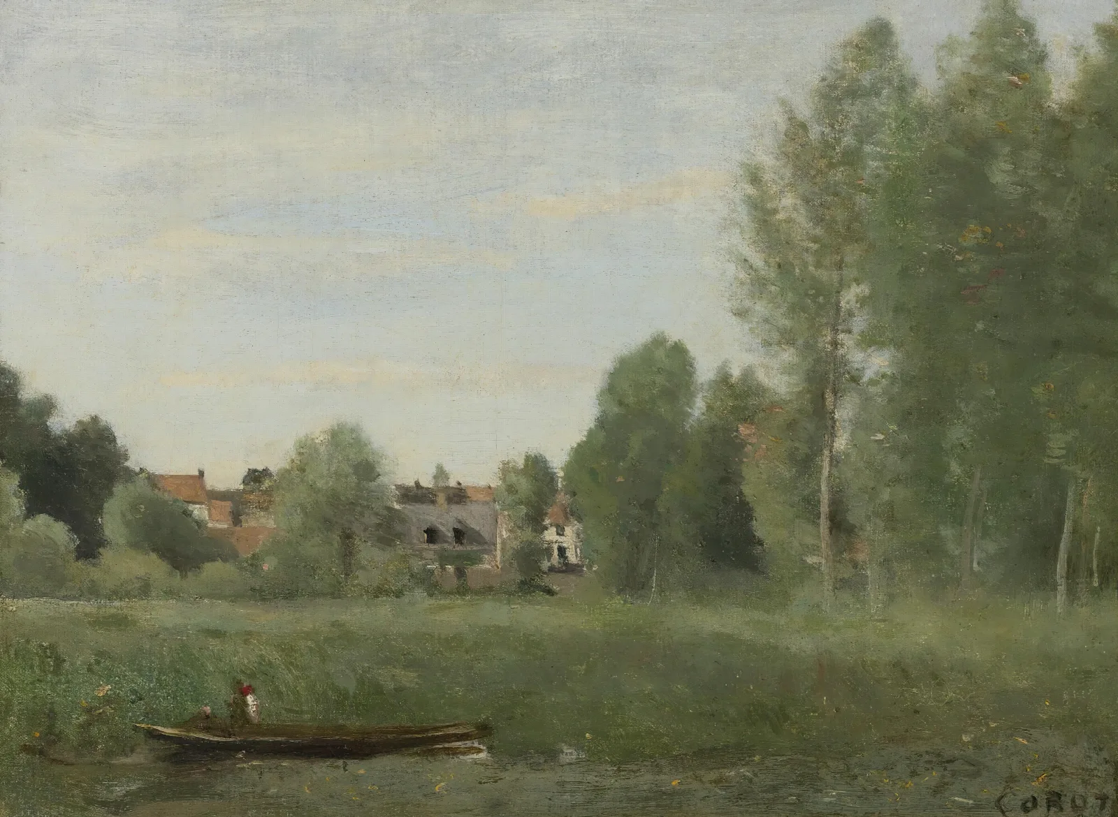 Environs De Mantes Petites Habitations Cachees Dans Les Arbes Pres Du Bord De Leau Wall Art by Jean-Baptiste-Camille Corot - Canvas Print