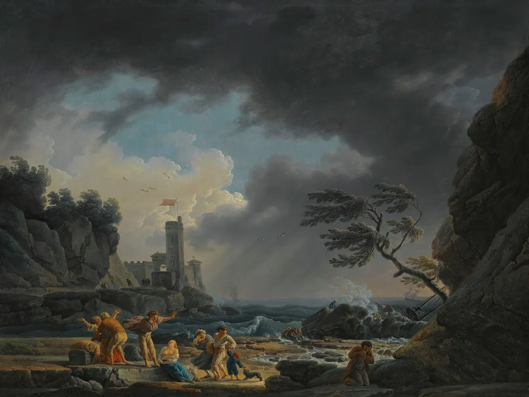 A Stormy Coastal Scene With Figures On A Beach Having Escaped A Shipwreck Engraved By Klauber Wall Art by Claude-Joseph Vernet - Canvas Print