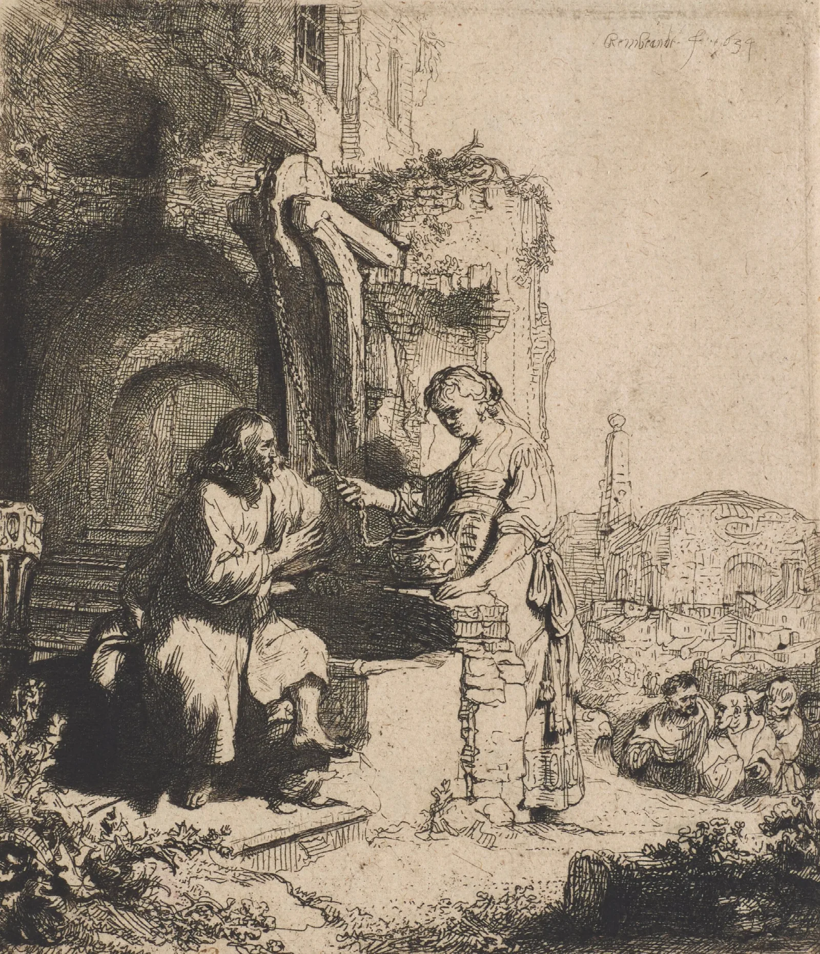 Christ And The Woman Of Samaria Among The Ruins Wall Art by Rembrandt van Rijn - Canvas Print