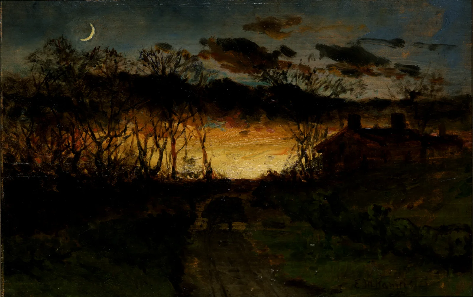 Landscape Sunset With Quarter Moon And Farmhouse by Edward Mitchell Bannister (1883) Wall Art by Edward Mitchell Bannister - Canvas Print
