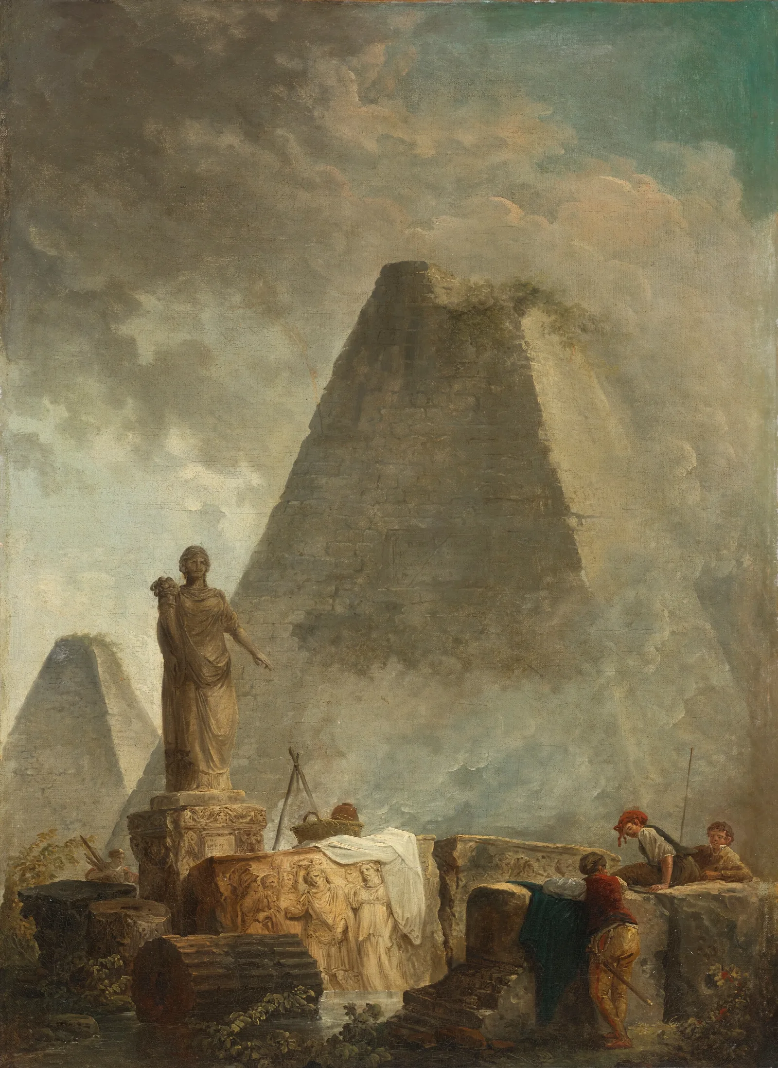 Banditti By A Fountain With A Statue Of Abundance Two Pyramids Beyond Wall Art by Hubert Robert - Canvas Print