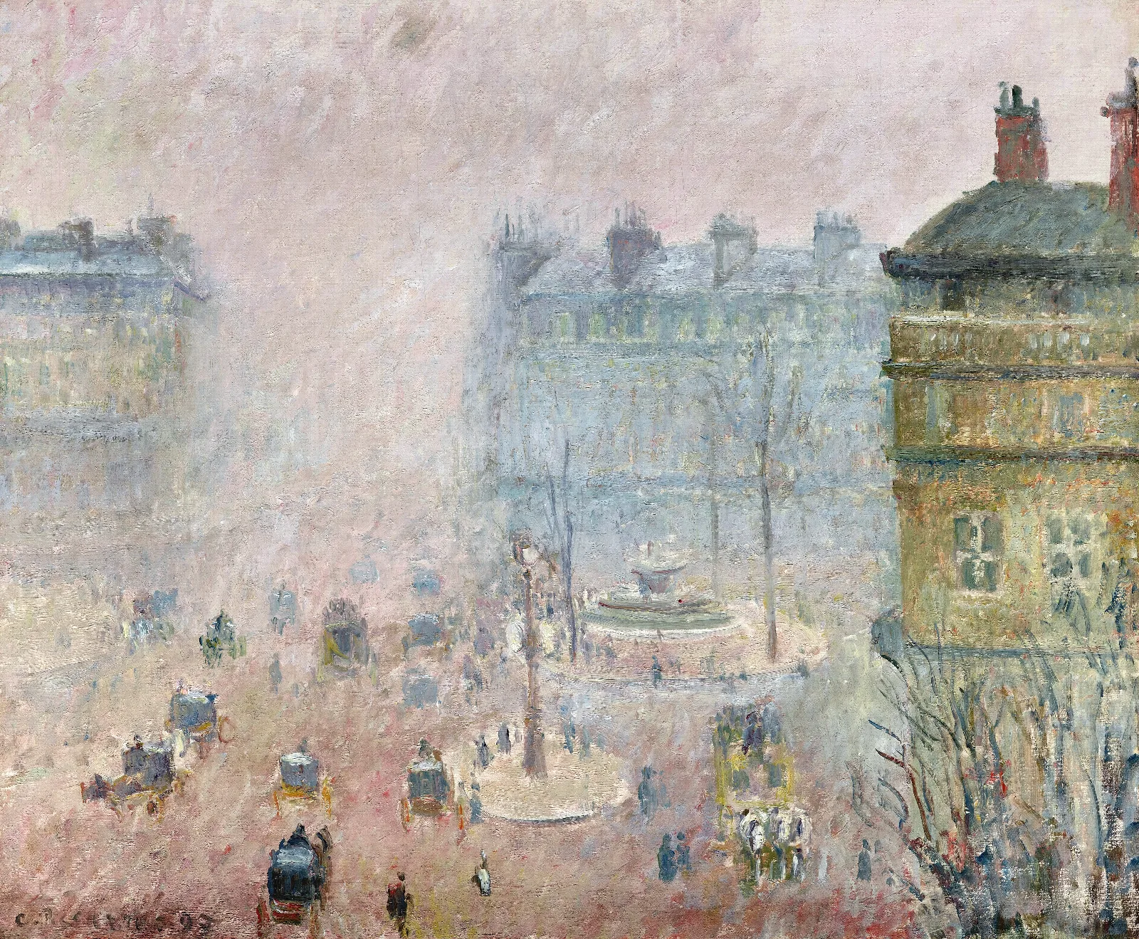 Place Du Theatre Francaisfog Effect Wall Art by Camille Pissarro - Canvas Print