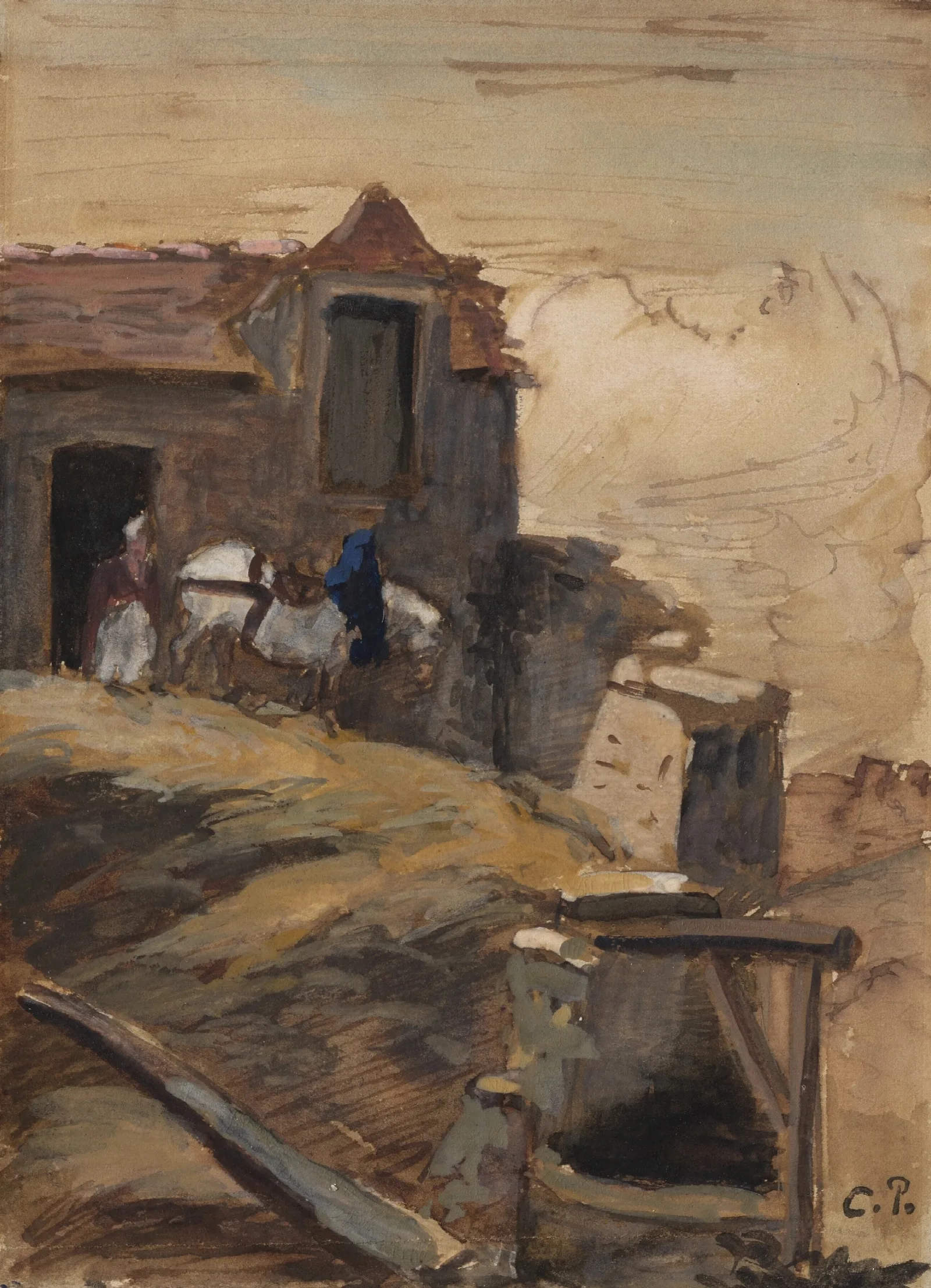 Cheval Blanc Devant Une Ferme Wall Art by Camille Pissarro - Canvas Print