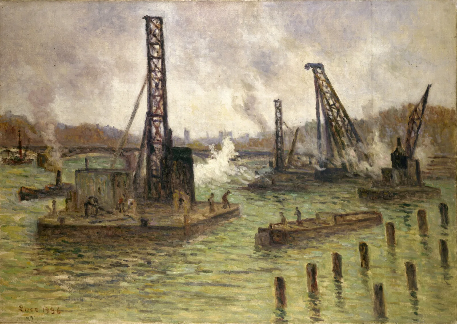 Travaux Sur La Seine Au Pont Des Saints Peres Wall Art by Maximilien Luce - Canvas Print