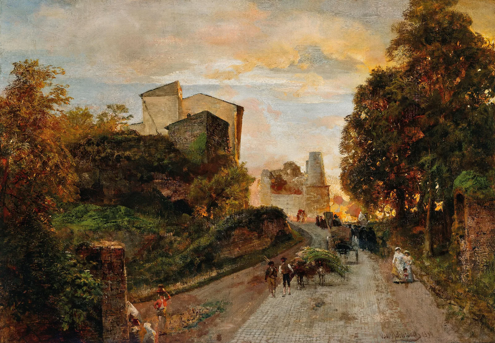 Village Street At Sunset Wall Art by Oswald Achenbach - Canvas Print