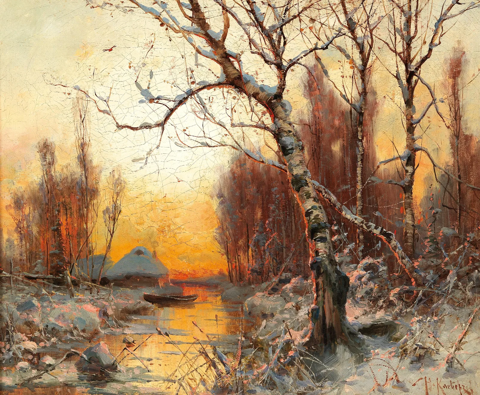 Winter Landscape With Birch In The Evening Light Wall Art by Julius Sergius Klever - Canvas Print