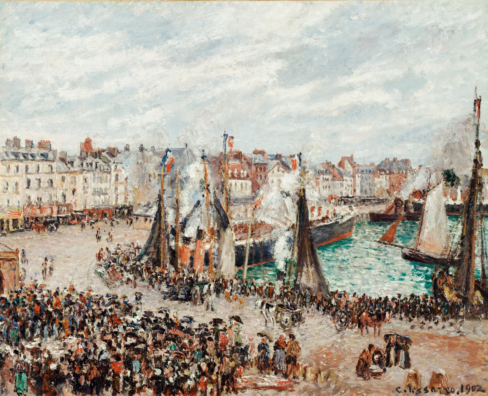 The Fish Market Dieppe Grey Weather Morning Wall Art by Camille Pissarro - Canvas Print