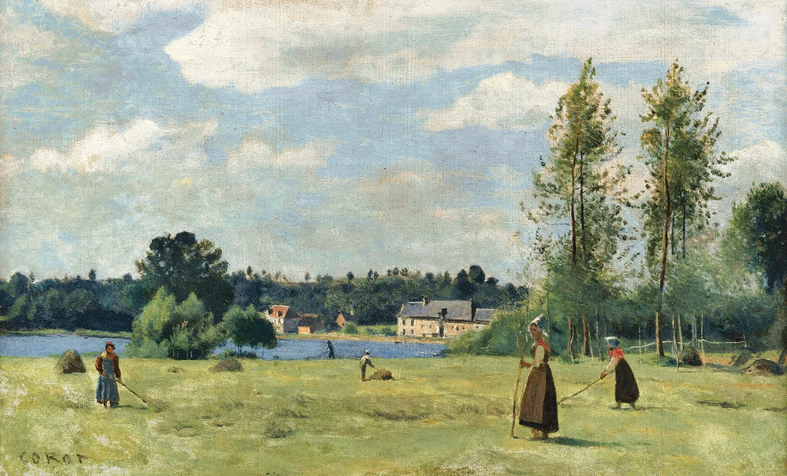 Faneuses A Ville Davray Wall Art by Jean-Baptiste-Camille Corot - Canvas Print