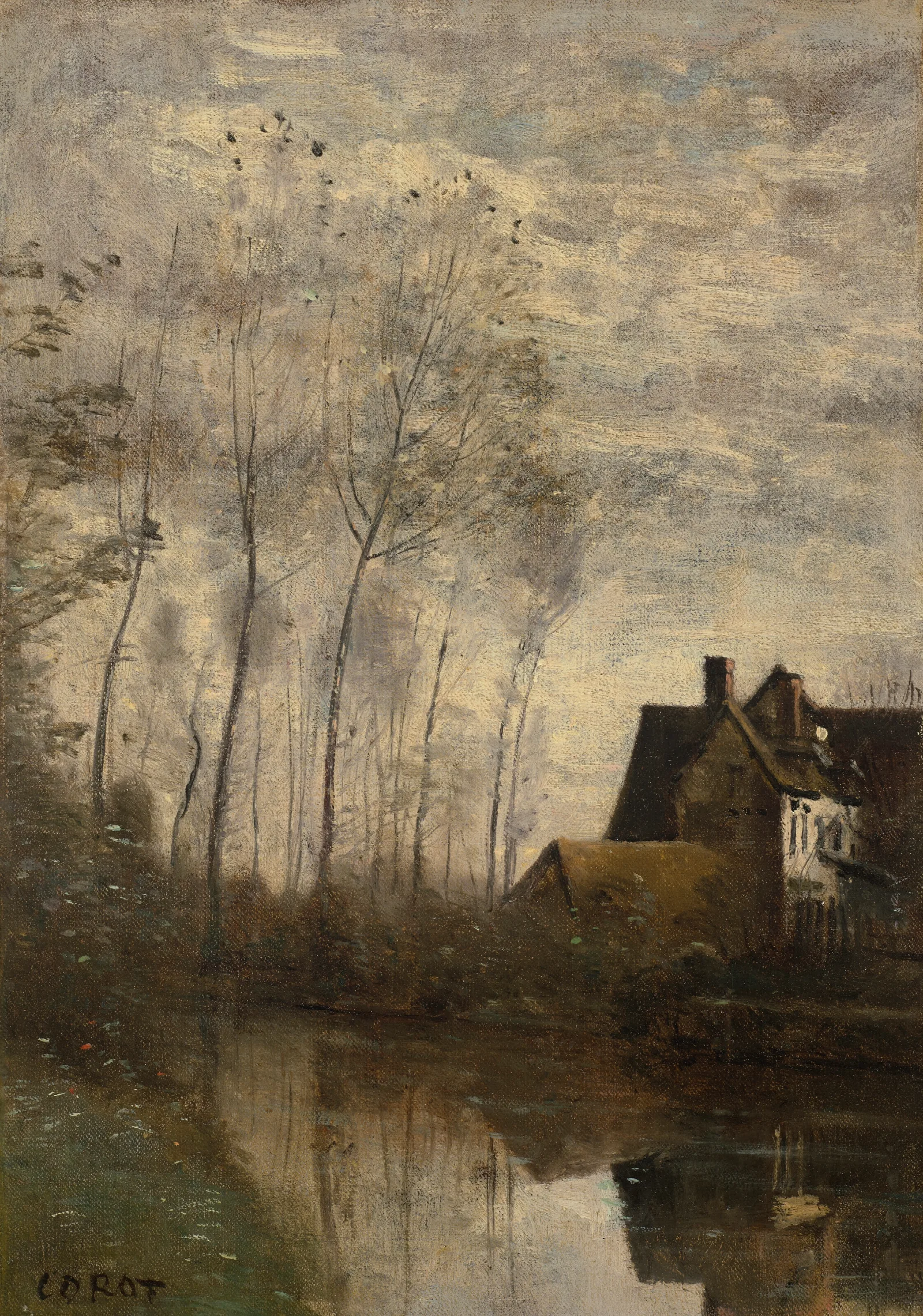 Un Coin De Riviere Avec Maison Et Peupliers Wall Art by Jean-Baptiste-Camille Corot - Canvas Print
