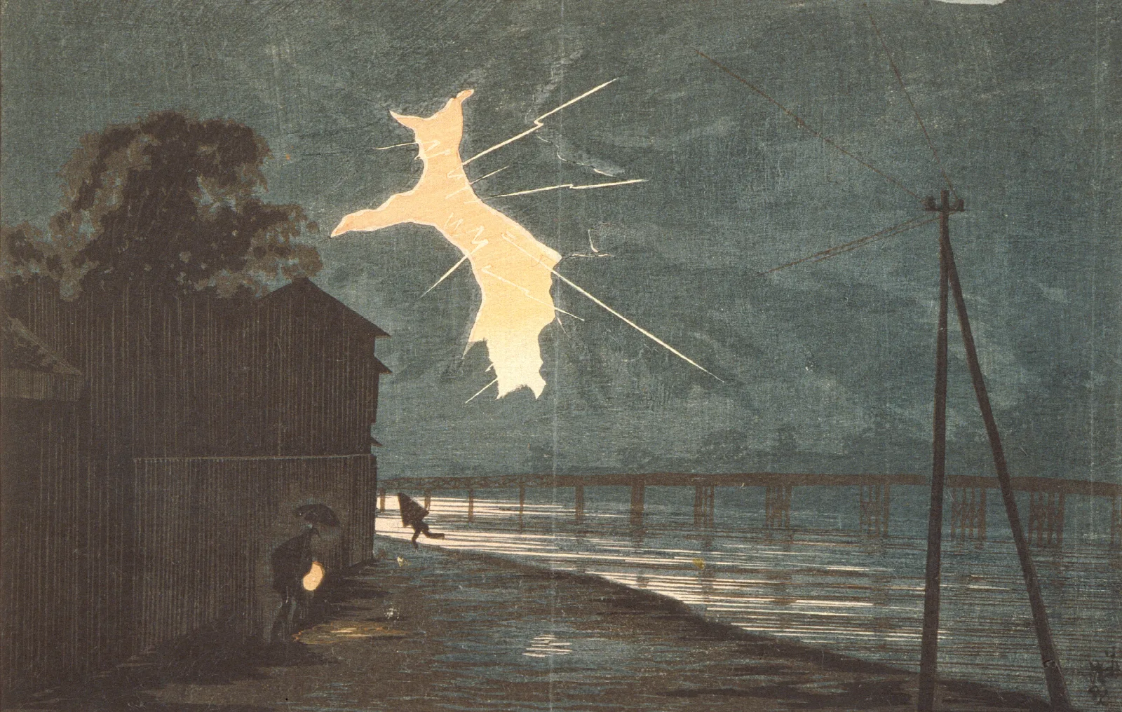 Thunder And Lightning At Oumaya Bridge Wall Art by Kobayashi Kiyochika - Canvas Print